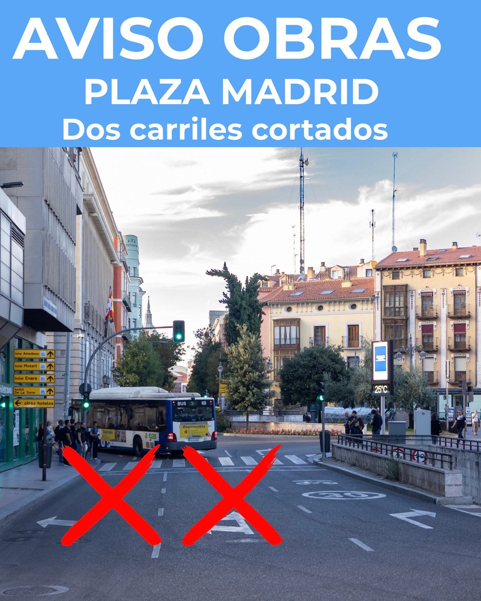 apcvalladolid's tweet photo. 📣 Desde hoy y hasta el día 31 de octubre, corte al #tráfico de dos carriles en Pz de Madrid.

Se permitirá el giro hacia Miguel Óscar desde el carril derecho.

Recomendamos utilizar vías alternativas.

#Valladolid https://t.co/GgnO2ITavG