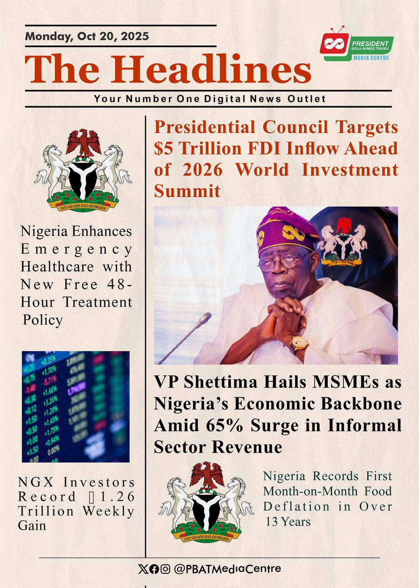 PBATMediaCentre's tweet image. Monday, Oct 20, 2025 | #TheHeadlines

- Nigeria Records First Month-on-Month Food Deflation in Over 13 Years

- Presidential Council Targets $5 Trillion FDI Inflow Ahead of 2026 World Investment Summit

- Nigeria Enhances Emergency Healthcare with New Free 48-Hour Treatment…