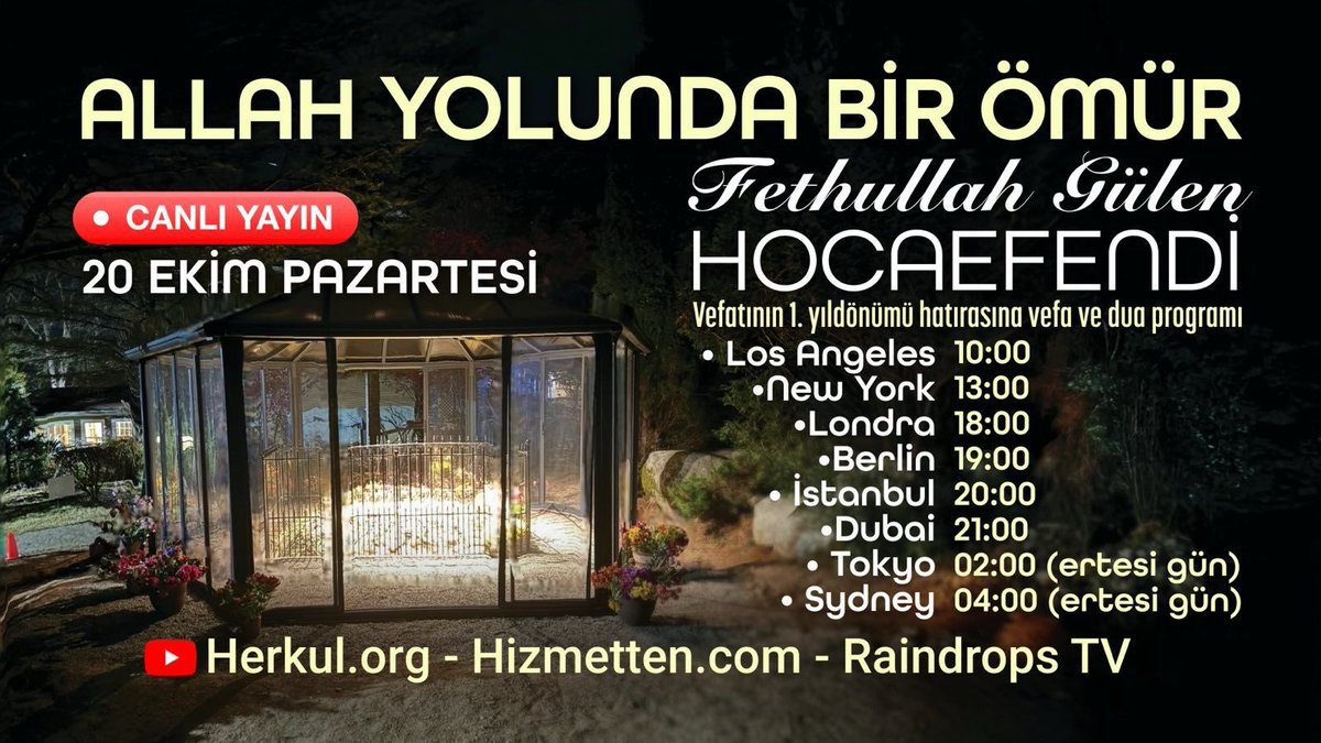 🌿 *Allah Yolunda Bir Ömür*

Kıymetli Kardeşlerimiz,

M. Fethullah Gülen Hocaefendi’nin ruhunun ufkuna yürümesinin 1. yıl dönümü hatırasına kardeş medya kuruluşlarımız iş birliğiyle bir *vefa ve dua programı* tertip edildi.

*Tüm dostlarımızı bu anlamlı yayına davet ediyoruz!*