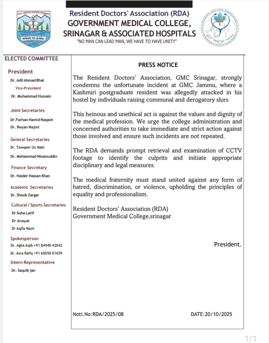 RDA GMC Srinagar strongly condemns the unfortunate incident at GMC Jammu where a Kashmiri PG resident was allegedly attacked in his hostel by individuals raising communal and derogatory slurs.
We stand united against all forms of hatred and discrimination.