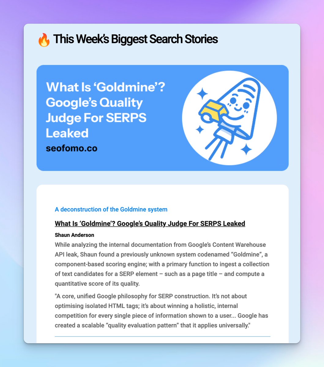 Aleyda Solis 🕊️ (@aleyda) on Twitter photo 🔥 This Week’s Biggest SEO & AI Search Stories from #SEOFOMO: 
* What Is ‘Goldmine’? Google’s Quality Judge For SERPS Leaked by <a href="/Hobo_Web/">Shaun Anderson</a> 
* Microsoft Bing finally supports the data-nosnippet HTML attribute 
* Google Adds AI Previews To Discover, Sports Feed Coming
* Google 🔥 This Week’s Biggest SEO & AI Search Stories from #SEOFOMO: 
* What Is ‘Goldmine’? Google’s Quality Judge For SERPS Leaked by <a href="/Hobo_Web/">Shaun Anderson</a> 
* Microsoft Bing finally supports the data-nosnippet HTML attribute 
* Google Adds AI Previews To Discover, Sports Feed Coming
* Google