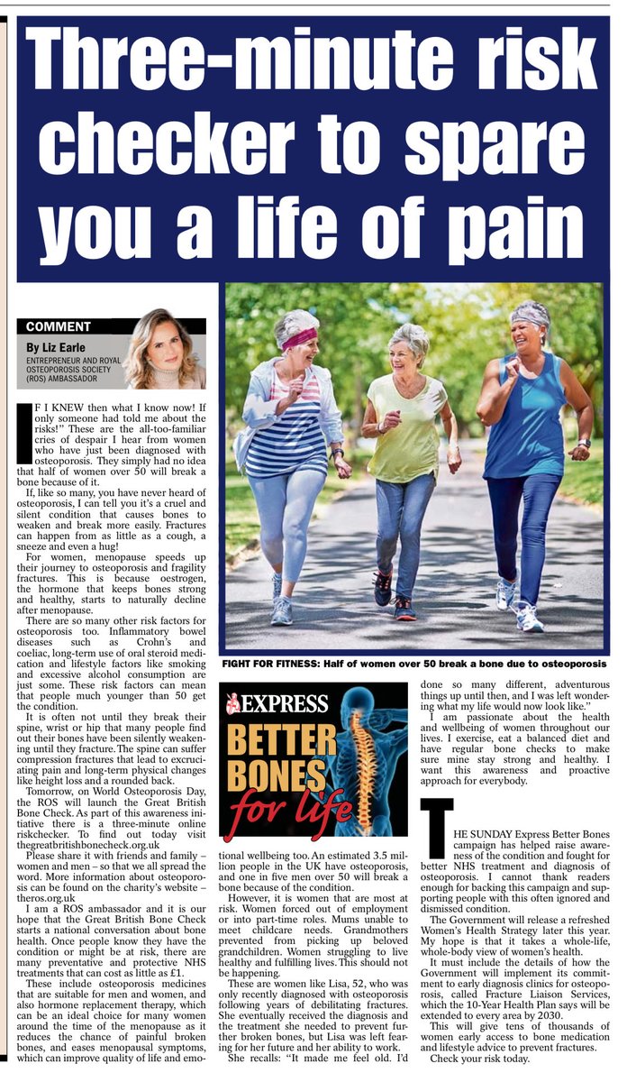 RoyalOsteoSoc's tweet photo. Sunday Express Better Bones campaign week 84:  Our brilliant Ambassador @LizEarleMe explains how an early warning for people at risk of osteoporosis and fractures can help save their health and independence.  Take the 3 minute test. 

@wesstreeting
@AshleyDalton_MP https://t.co/MNQpWj6eIK