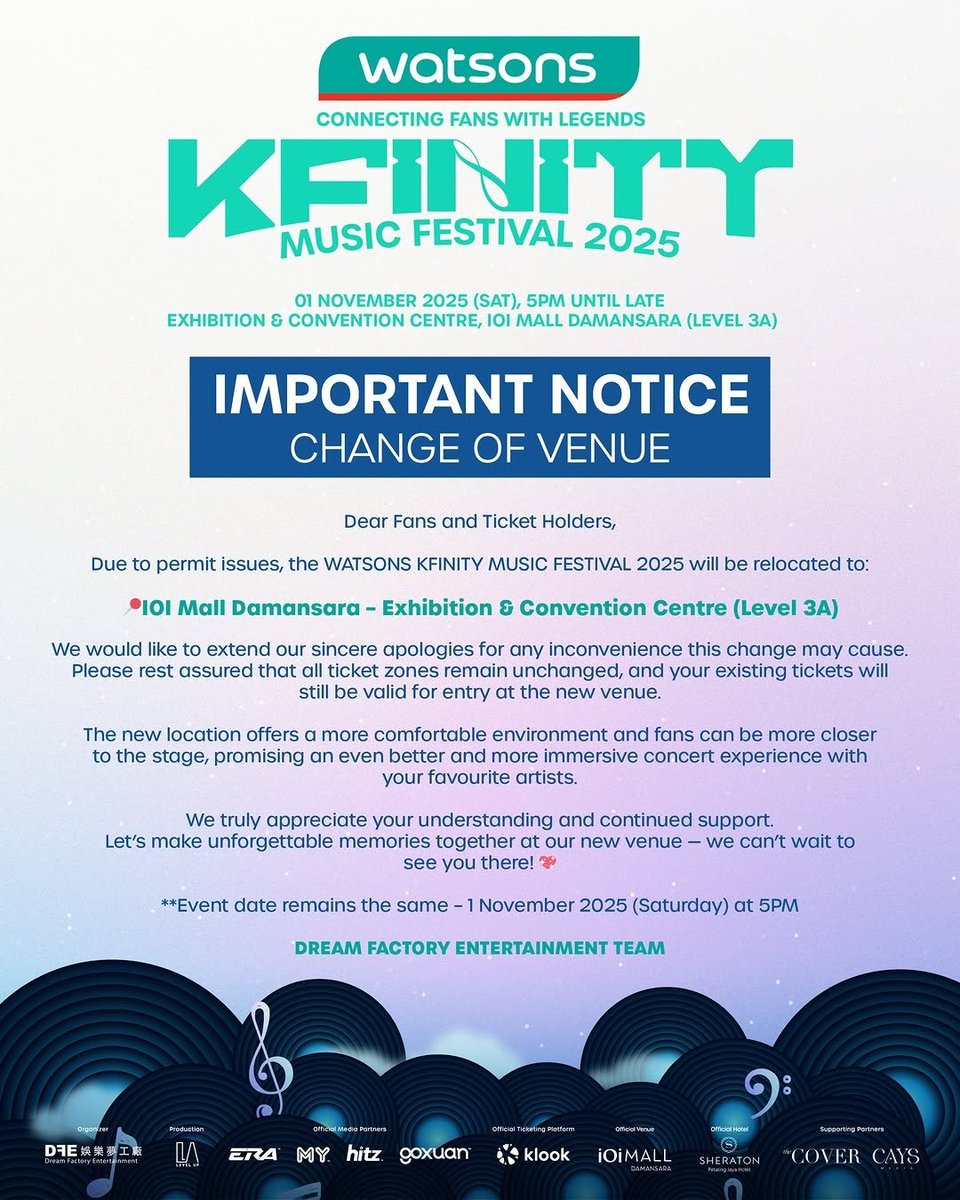 MYiKONICS's tweet image. 📢Watsons KFINITY Music Festival 2025: VENUE CHANGE📢

📍IOI Mall Damansara – Exhibition &amp;amp; Convention Centre (Level 3A)
🗓 1 Nov 2025 (Sat), 5 PM
🎟s.klook.com/c/_woVLbBrw9

All zones remain the same — tickets still valid ✅
The new venue offers a cosier, closer to see #JU_NE ✨