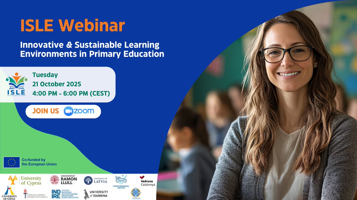 Aquest dimarts 21/10 parlem d’innovació pedagògica, sostenibilitat i inclusió. 📌 Webinar gratuït sobre #ISLEproject amb inscripció prèvia: ucy.zoom.us/meeting/regist…