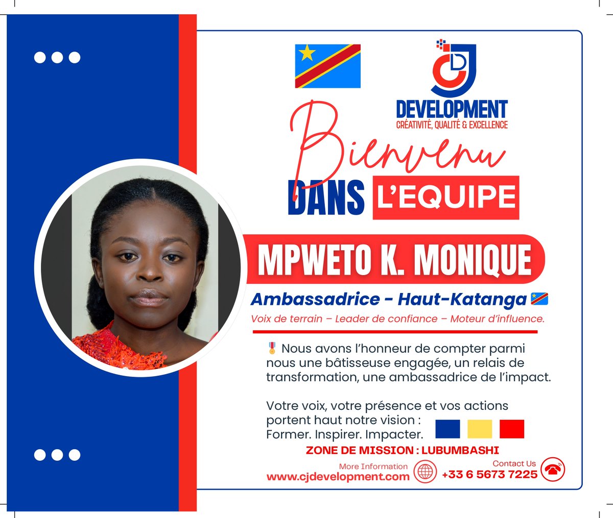 l_jimanel's tweet photo. 🇨🇩 CJ DEVELOPMENT TRAINING CENTER
🎖️ BIENVENUE À MADAME MPWETO K. MONIQUE
Ambassadrice CJ DEVELOPMENT – HAUT-KATANGA 🇨🇩
Dans le Haut-Katanga, l’énergie ne vient pas que des minerais — elle vient des esprits éveillés, des femmes déterminées et des leaders qui transforment leur environnement par le savoir.
C’est dans cette dynamique que CJ DEVELOPMENT TRAINING CENTER a l’honneur d’accueillir Madame MPWETO K. MONIQUE, nommée Ambassadrice CJ DEVELOPMENT pour le Haut-Katanga, basée à Lubumbashi.
Femme de conviction, actrice du changement et modèle de leadership, elle incarne la vision d’un développement humain ancré dans la compétence, l’éducation et la transformation sociétale.
« Former une femme, c’est investir dans la stabilité, la performance et la dignité d’une nation. »
Sa mission :
👉🏾 Promouvoir la formation professionnelle et citoyenne auprès des jeunes et des femmes du Haut-Katanga.
👉🏾 Soutenir l’émergence d’une élite locale compétente et éthique.
👉🏾 Faire du CJ DEVELOPMENT un partenaire stratégique pour les institutions, entreprises et acteurs du changement.
Son engagement confirme que le Katanga n’est pas seulement le moteur économique du pays, mais aussi le creuset des nouveaux leaders congolais.
Bienvenue, Madame MPWETO K. MONIQUE,
dans la grande famille panafricaine CJ DEVELOPMENT TRAINING CENTER,
où chaque ambassadrice devient une force de transformation durable. 🌍
📍 Zone de mission : Lubumbashi – Haut-Katanga
📞 +33 6 56 73 72 25 | +243 995 136 626
🌐 https://t.co/2XPaRJVwil
📢 Rejoignez la communauté panafricaine : https://t.co/Iip5rvpf0Z
#CJDevelopment #LeadershipAfricain #HautKatanga #Lubumbashi #Impact #Formation #RDC #AmbassadeursCJ #TeamCJ #Panafricanisme