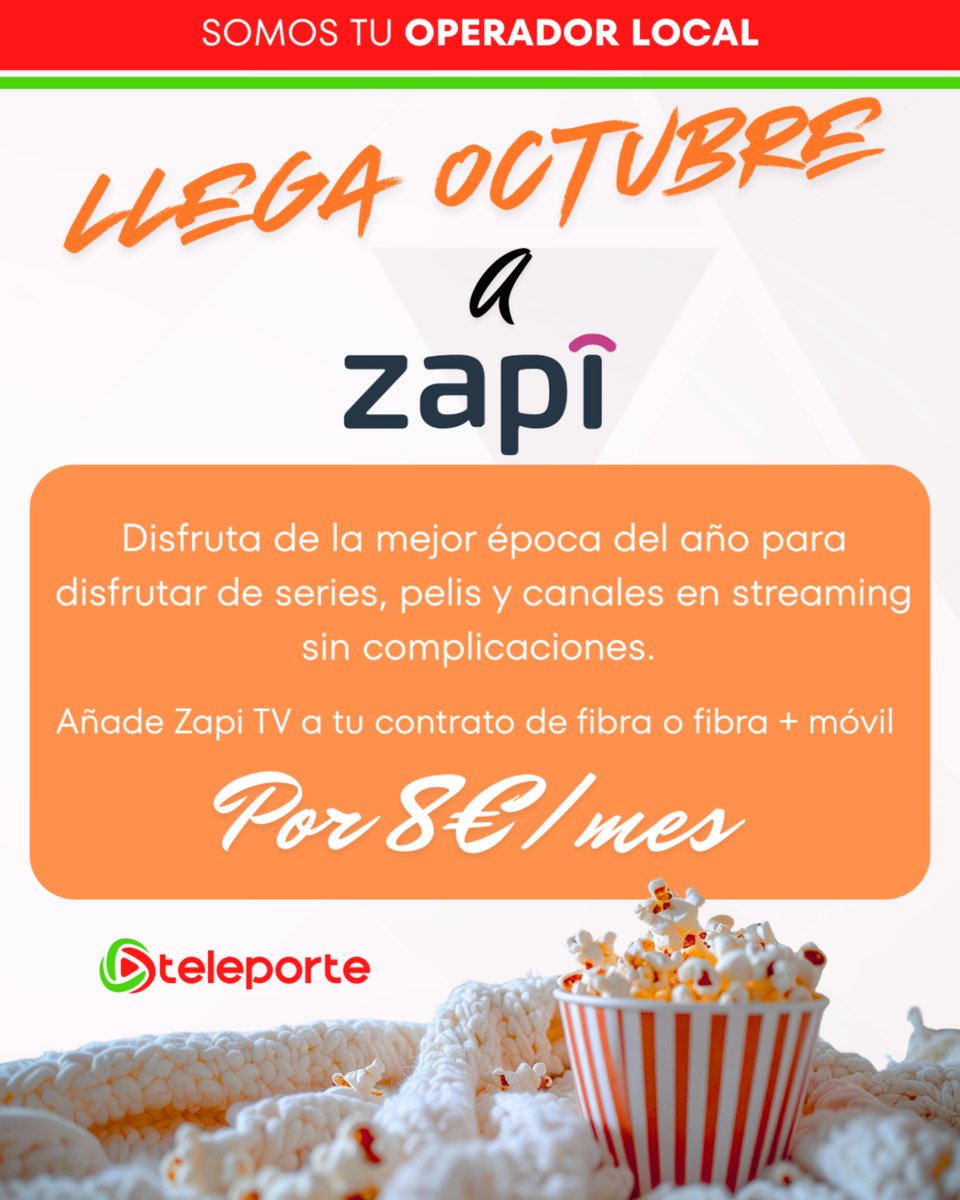 🍿 Octubre es para manta, sofá… ¡y Zapi TV!
Añádelo a tu fibra o fibra + móvil con Teleporte 👉 8€/mes
Disfruta de series, pelis y canales sin complicaciones.

📞 927 750 750 | 🌐 teleporte.es
#ZapiTV #Streaming #Cáceres #Teleporte