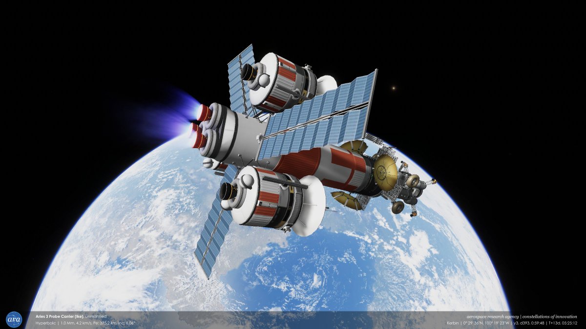 mikusingularity's tweet image. [ARA] Y3, D392-393 - The Aries 2 and 3 probe carriers perform their Oberth maneuvers at Kerbin to go to Duna and Ike, respectively