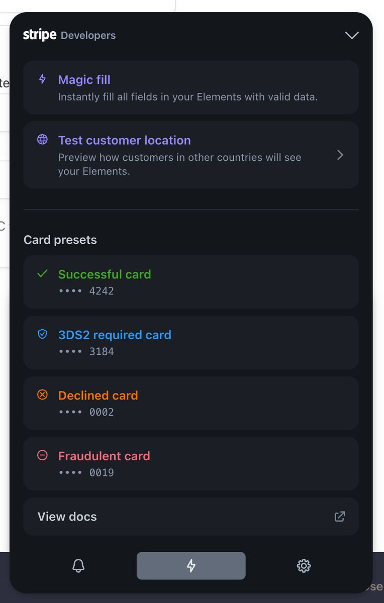 airon_tark's tweet image. Tark Labs routine #59: Stripe has a new dev widget that allows you to fill a credit card form in debug mode. Awesome! 😍 #fintech #stripe #techforbusiness #reactjs #frontend #webdev #tarklabs #airontark