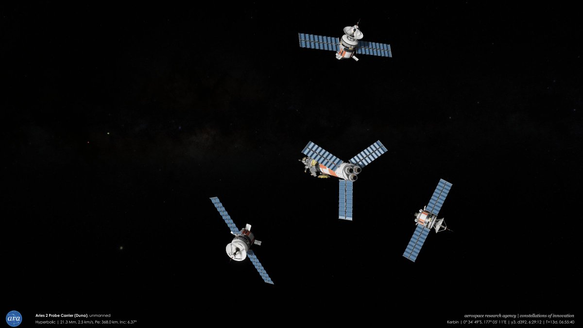 mikusingularity's tweet image. [ARA] Y3, D392-393 - The Aries 2 and 3 probe carriers perform their Oberth maneuvers at Kerbin to go to Duna and Ike, respectively