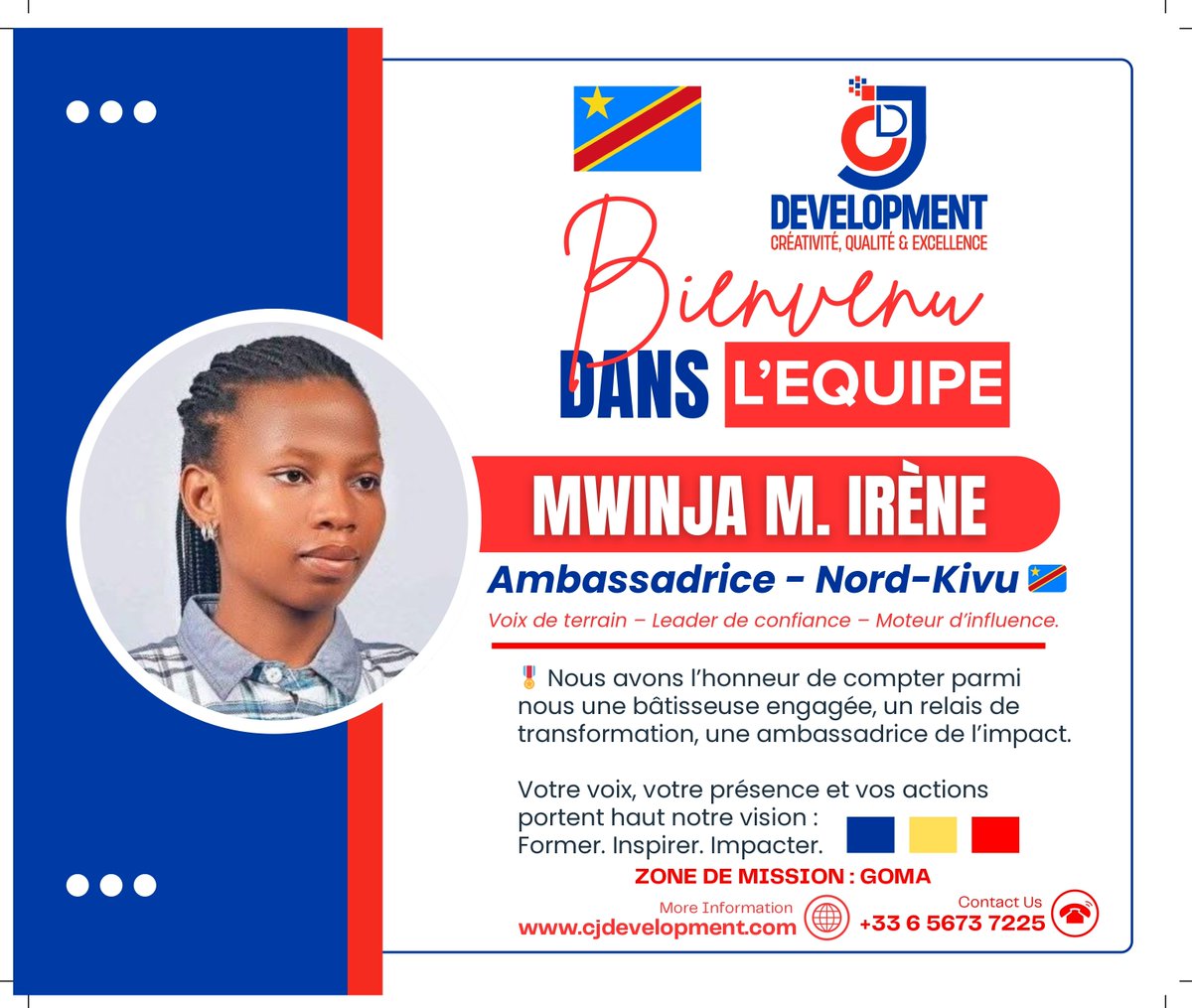 l_jimanel's tweet photo. 🇨🇩 CJ DEVELOPMENT TRAINING CENTER
🎖️ BIENVENUE À MADAME MWINJA M. IRÈNE
Ambassadrice CJ DEVELOPMENT – NORD-KIVU 🇨🇩
Il y a des régions où le courage est une seconde nature.
Où chaque jour, se lever est déjà un acte de leadership.
Le Nord-Kivu en fait partie.
Et c’est dans ce contexte de résilience et d’espérance que CJ DEVELOPMENT TRAINING CENTER a l’honneur d’accueillir Madame MWINJA M. IRÈNE, notre Ambassadrice CJ pour le Nord-Kivu, basée à Goma.
Femme de terrain, voix de la paix et actrice du développement, elle incarne une génération qui refuse la fatalité et choisit d’investir dans la formation, le savoir et le leadership responsable.
« Là où le bruit des armes a tenté d’éteindre les rêves, la connaissance rallume la lumière. »
Sa mission :
👉🏾 Redonner confiance à la jeunesse du Nord-Kivu par l’éducation et l’encadrement.
👉🏾 Promouvoir le leadership féminin comme levier de stabilisation et de croissance.
👉🏾 Porter haut les valeurs de CJ DEVELOPMENT TRAINING CENTER : Former. Inspirer. Impacter.
Son engagement symbolise une RDC debout, qui croit en son avenir et qui forme ses propres bâtisseurs de paix et de progrès.
Bienvenue, Madame MWINJA M. IRÈNE,
dans la grande famille @CjDevelopmentTC,
où chaque ambassadrice devient la preuve vivante qu’on peut reconstruire en éduquant, et pacifier en formant. 🌍
📍 Zone de mission : Goma – Nord-Kivu
📞 +33 6 56 73 72 25 | +243 995 136 626
🌐 https://t.co/2XPaRJVwil
📢 Rejoignez la communauté panafricaine : https://t.co/Iip5rvpf0Z
#CJDevelopment #LeadershipAfricain #NordKivu #Paix #Formation #Impact #RDC #AmbassadeursCJ #LeadershipFéminin #TeamCJ #Panafricanisme