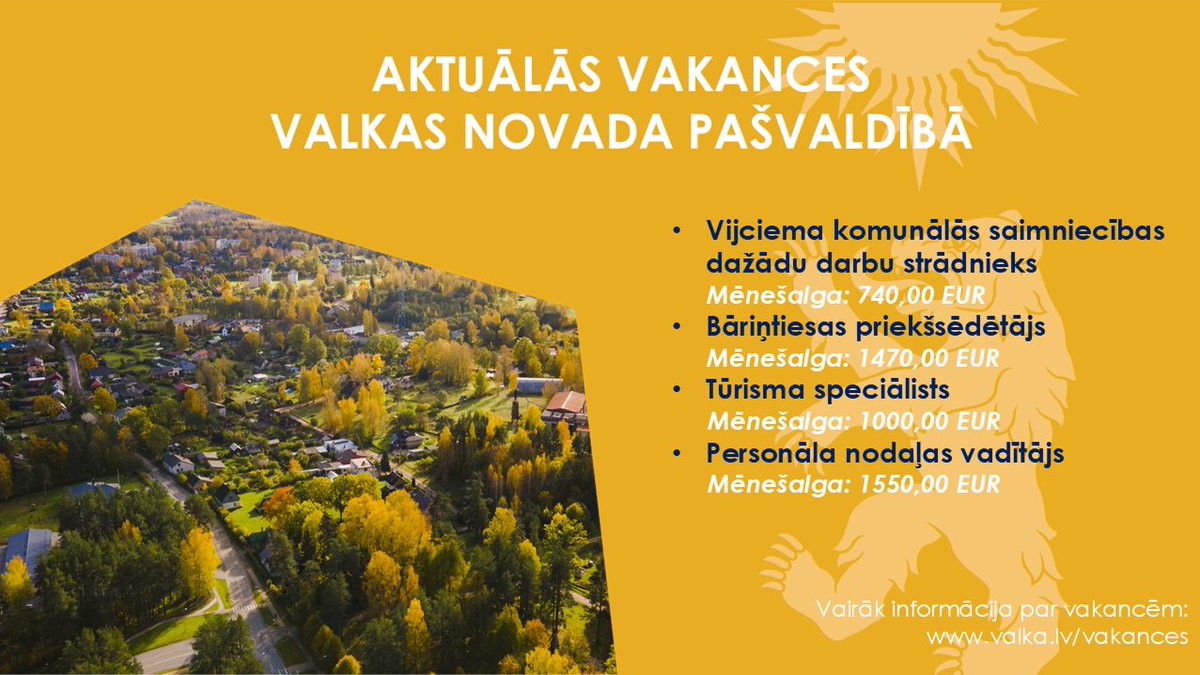 #teirdarbs

Aktuālās vakances Valkas novada pašvaldībā:
🟢 Vijciema komunālās saimniecības dažādu darbu strādnieks,
🟢 Bāriņtiesas priekšsēdētājs,
🟢 Tūrisma speciālists,
🟢 Personāla nodaļas vadītājs.

Vairāk info par vakancēm:
valka.lv/vakances
