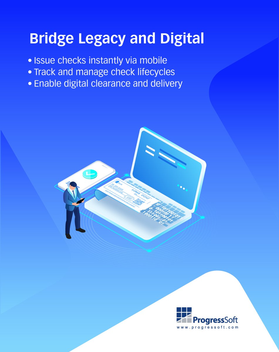 Bridge the gap between traditional and digital payments.
ProgressSoft’s Mobile Electronic Check Issuance enables banks to offer fully digital check experiences with mobile issuance, tracking and clearance.
Learn more: psly.me/u0SAiS
#ProgressSoft #eChecks #Payments
