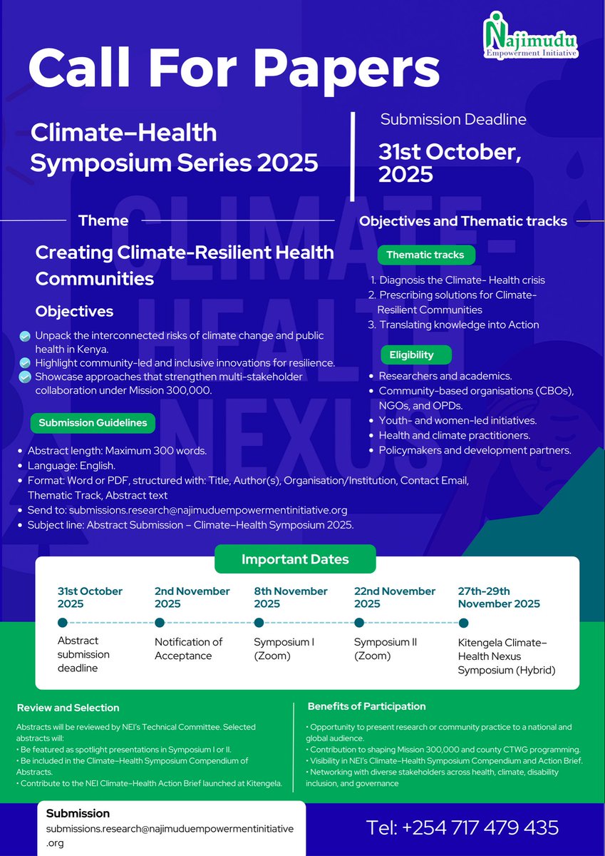 Call for Abstracts! 📢
Theme: Creating Climate-Resilient Health Communities
Submit your 300-word paper on climate–health risks, solutions or action pathways.
🗓 Deadline: Oct 31, 2025
📧 submissions.research@najimuduempowermentinitiative.org
#ClimateHealth #Mission300000by2030