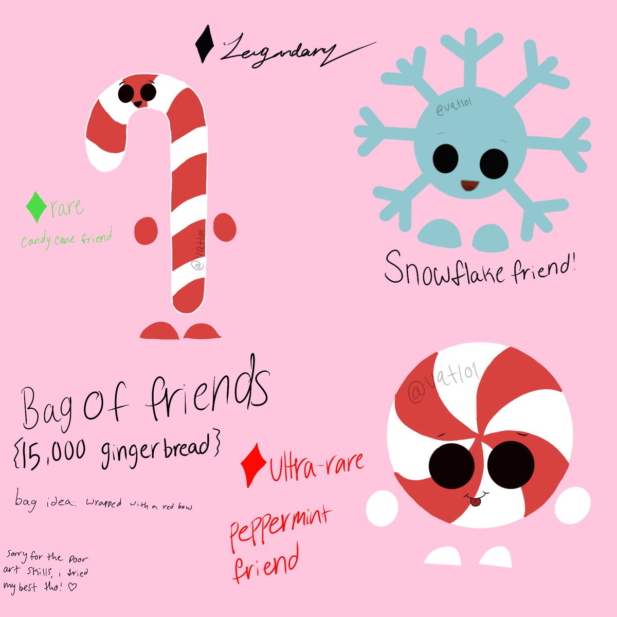 decided to make a concept of my own, lol. 

the artwork isnt that great but my art skills are terrible. 

also, sorry for the poor handwriting, i have a habit of writing fast and then it becomes sloppy.

Box of Friends! 
- 3 pets
- 15k gingerbread