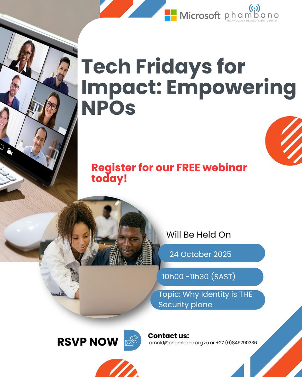 Join our Tech Friday For Impact webinar to boost identity security with insights from Microsoft experts Nayan Khadua &amp; Peter Chaukura. Smarter security begins with you. 

📅 24 October | 🕙 10h00 - 11h30 (SAST)

👉 Register: buff.ly/Y6I6RAD. 

#TechFridayForImpact
