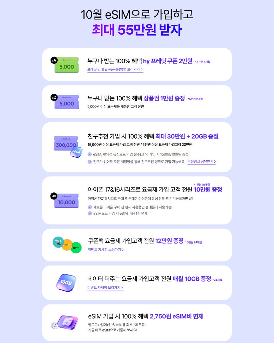 📢이제 메인폰도 eSIM이 대세!

🎁~10/23까지 eSIM으로 가입시 최대 55만원 혜택 증정! 배송기다림 없이 바로 개통하세요!

지금 헬로모바일에서 만나보세요!
buly.kr/CWuyNts