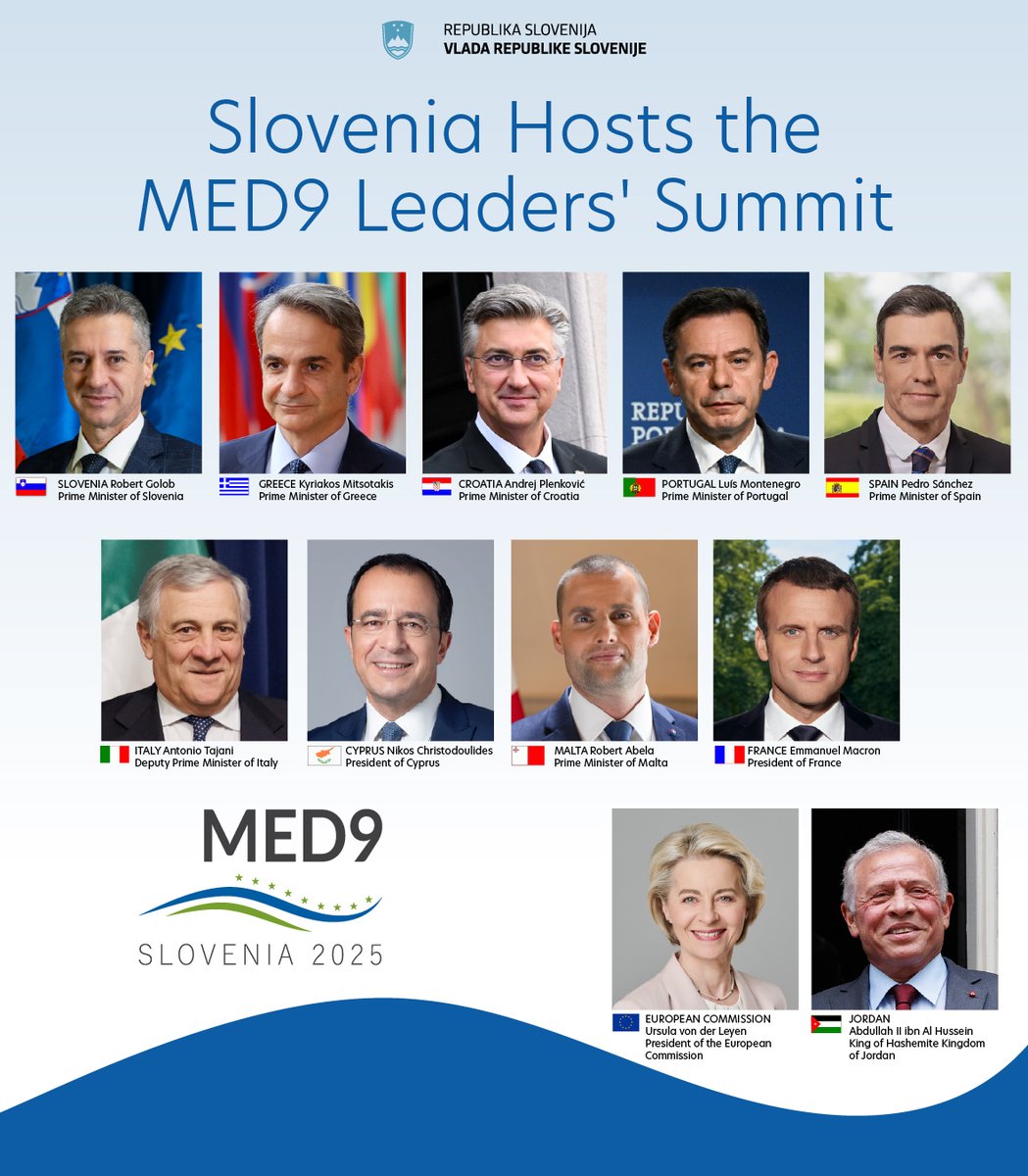 Vlada Republike Slovenije (@vladars) on Twitter photo 🌍 Slovenia at the Heart of the Mediterranean!
This year, Slovenia holds the presidency of MED9 – 🇸🇮 🇫🇷 🇪🇸 🇮🇹 🇵🇹 🇬🇷 🇭🇷 🇲🇹 🇨🇾.
📍 The Portorož Summit marks the highlight of Slovenia’s presidency.
🇸🇮 Prime Minister Dr Robert Golob will host the leaders of MED9, along with two 🌍 Slovenia at the Heart of the Mediterranean!
This year, Slovenia holds the presidency of MED9 – 🇸🇮 🇫🇷 🇪🇸 🇮🇹 🇵🇹 🇬🇷 🇭🇷 🇲🇹 🇨🇾.
📍 The Portorož Summit marks the highlight of Slovenia’s presidency.
🇸🇮 Prime Minister Dr Robert Golob will host the leaders of MED9, along with two