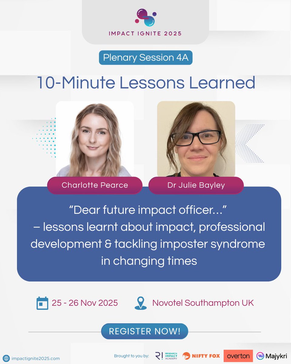 Fast, focused and powerful. In just 10 minutes each, speakers will share key lessons from their research impact journeys.

Check out Impact Ignite now!

Secure your pass:  

#ImpactIgnite2025 #researchimpact #impactacademy impactignite2025.com