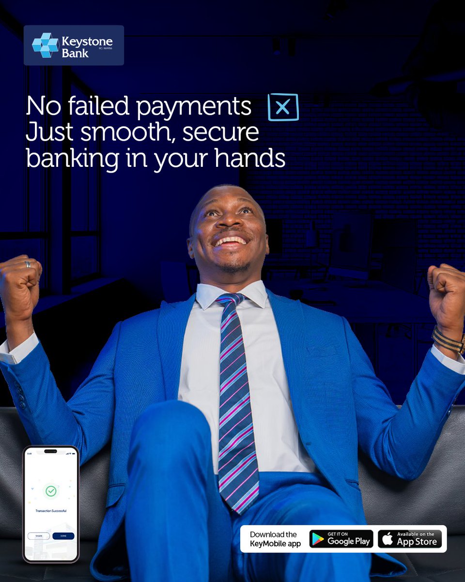 keystonebankng's tweet photo. No stress. No excuses. No failed payments. 

With KeyMobile, it’s just smooth banking that works every time.

Bank boldly, pay confidently, and keep moving forward.

#KeyMobile
#MakeItHappen 
#KeystoneBank https://t.co/p2xHXM6LGv