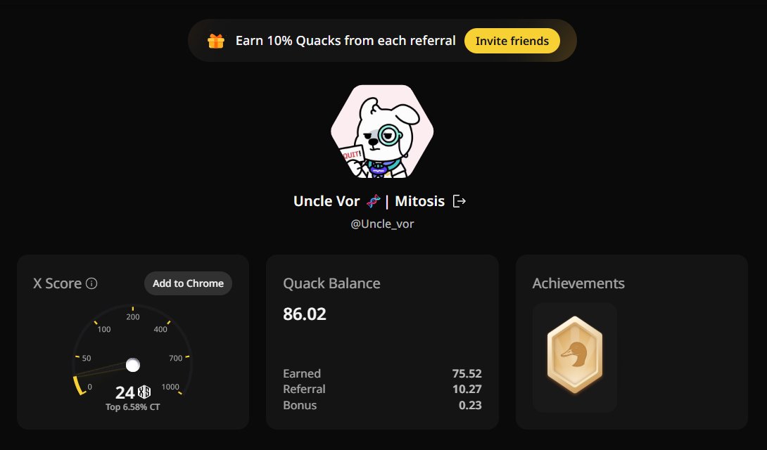 Uncle_vor's tweet image. My InfoFi journey so far 

Kaito AI → 33.20 Yaps earned
Wallchain → 86.02 Quacks stacked
Xeet → 15 Xeets earned
FanForce → 4,288.36 Pulses and still climbing

Each platform speaks a different language, but all build toward the same future of on-chain influence
#Mitosis