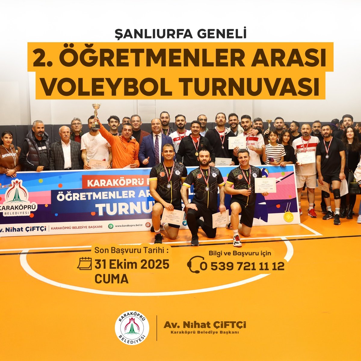 🏐 ŞANLIURFA GENELİ 2. ÖĞRETMENLER ARASI VOLEYBOL TURNUVASI BAŞLIYOR!

Belediyemiz tarafından düzenlenen, öğretmenlerimizin dostluk ve rekabeti bir araya getirdiği Voleybol Turnuvası için başvurular başladı! 💪

📅 Son Başvuru Tarihi: 31 Ekim 2025 Cuma
📞 Bilgi ve Başvuru: 0