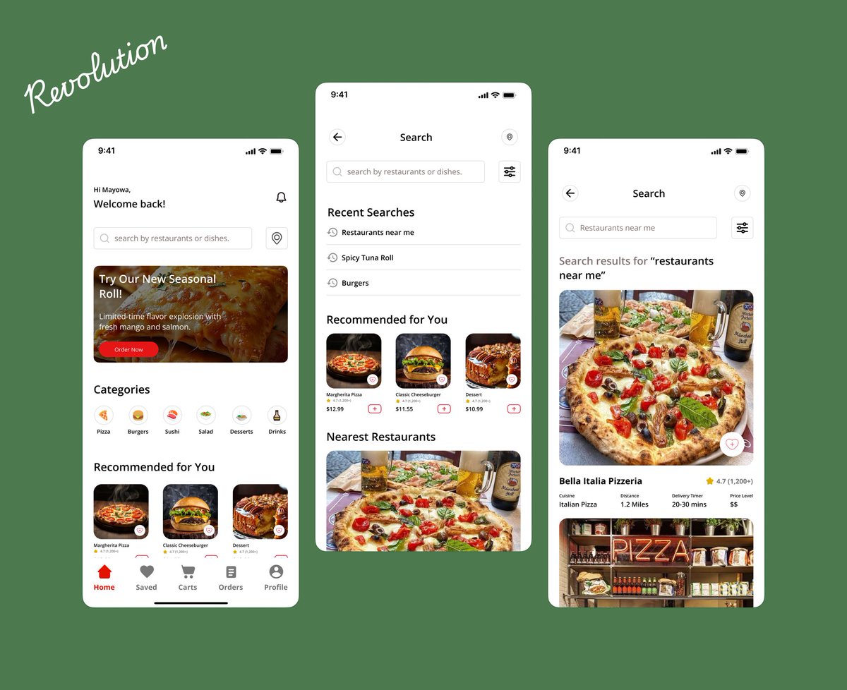 REVOLUTION5433's tweet photo. Modern food delivery app UI — crafted for seamless navigation, smart search, and an engaging user experience. 

#UIDesign #UXDesign #FoodApp #figmadesign https://t.co/BtiXVwUaQc