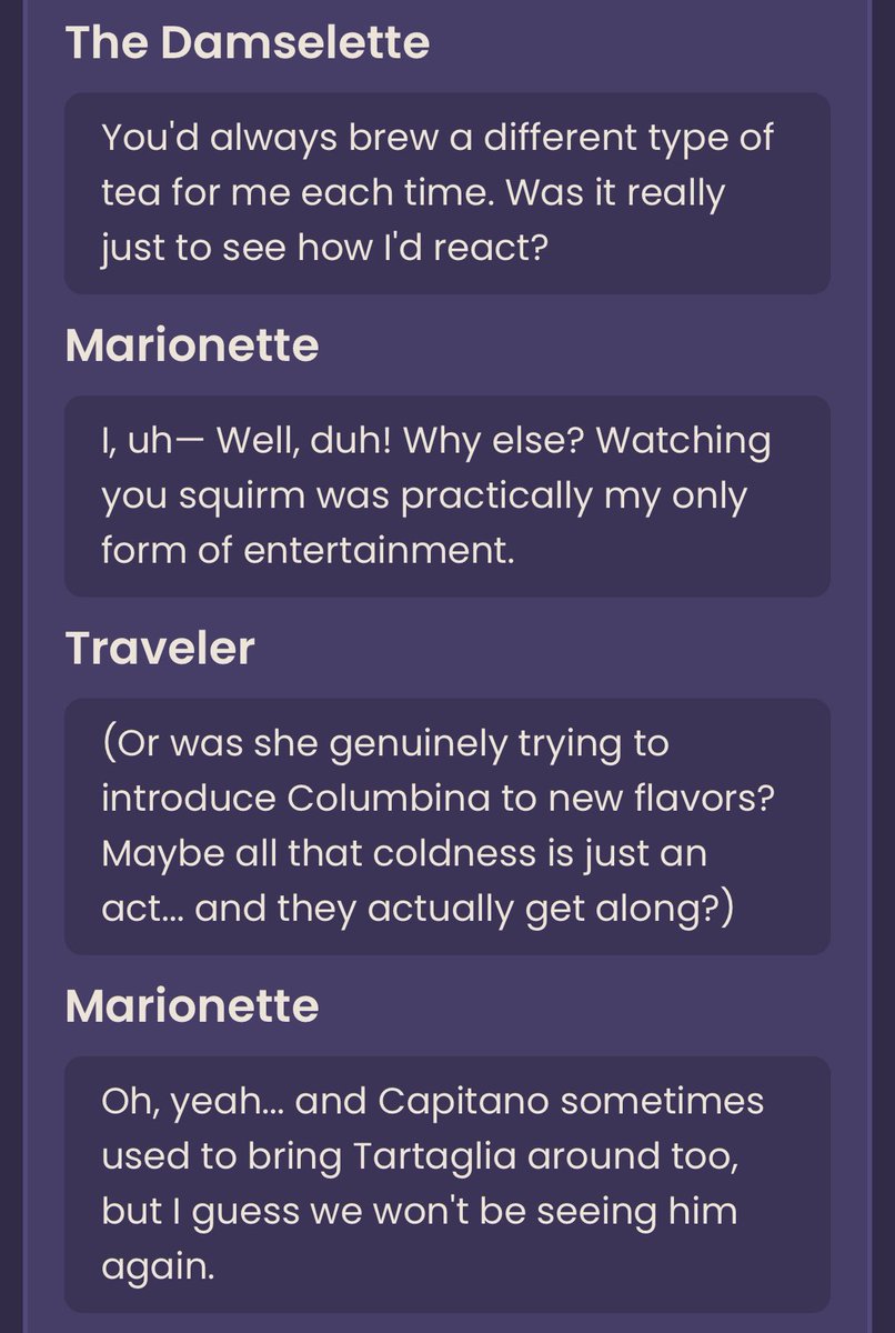 // genshin leaks

so the harbingers would attend sandrone’s tea parties and ask about columbina and capitano would bring childe what the FUCK 😭😭 im not ok