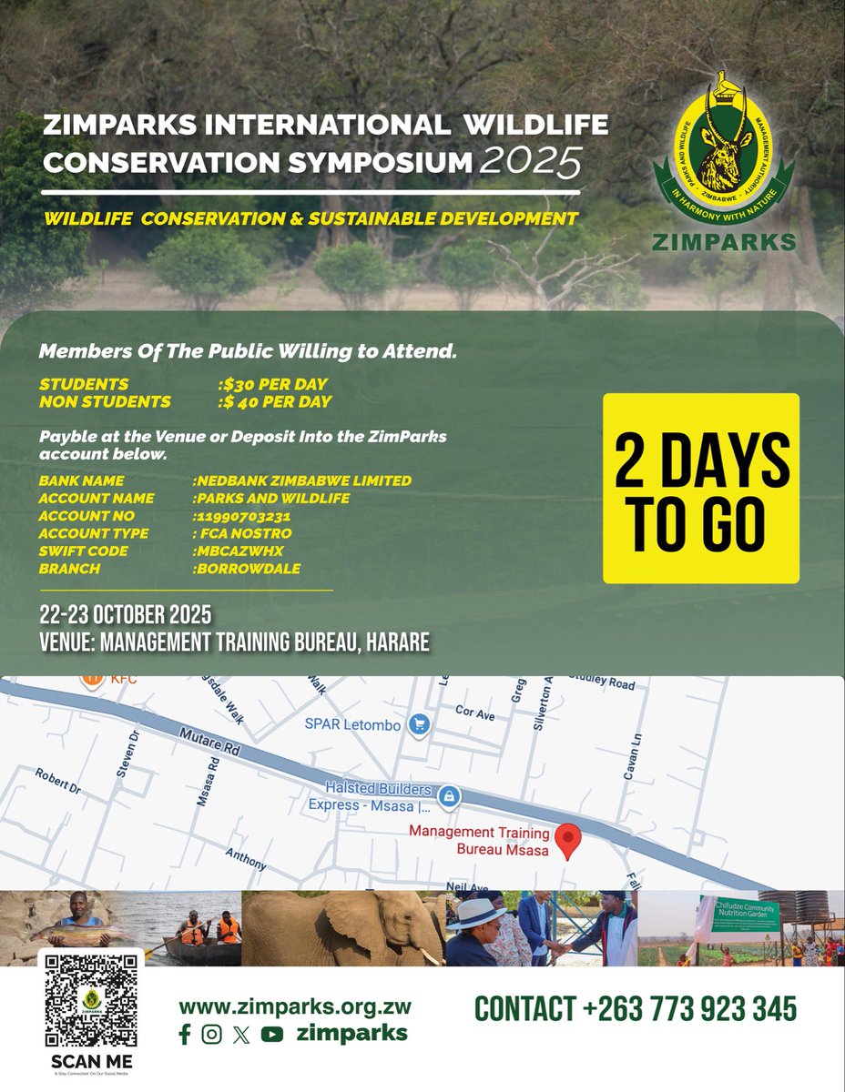 Zimparks will hold its First 𝐈𝐧𝐭𝐞𝐫𝐧𝐚𝐭𝐢𝐨𝐧𝐚𝐥 𝐖𝐢𝐥𝐝𝐥𝐢𝐟𝐞 𝐂𝐨𝐧𝐬𝐞𝐫𝐯𝐚𝐭𝐢𝐨𝐧 𝐒𝐲𝐦𝐩𝐨𝐬𝐢𝐮𝐦 under the theme “𝐖𝐢𝐥𝐝𝐥𝐢𝐟𝐞 𝐂𝐨𝐧𝐬𝐞𝐫𝐯𝐚𝐭𝐢𝐨𝐧 𝐚𝐧𝐝 𝐒𝐮𝐬𝐭𝐚𝐢𝐧𝐚𝐛𝐥𝐞 𝐃𝐞𝐯𝐞𝐥𝐨𝐩𝐦𝐞𝐧𝐭” from 22 to 23 October 2025 at MTB in Msasa, Harare