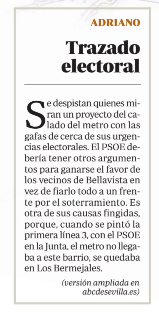 Buenos días, destacando esta información de <a href="/abcdesevilla/">ABC de Sevilla</a> 

Esta 👇🏻 es la verdadera diferencia de un gobierno de la <a href="/AndaluciaJunta/">Junta de Andalucía</a> que está impulsando la red de Metro de Sevilla, pensando en todos sus barrios; el de <a href="/JuanMa_Moreno/">Juanma Moreno</a> 👉🏼y de otro socialista que lo metió en un cajón.