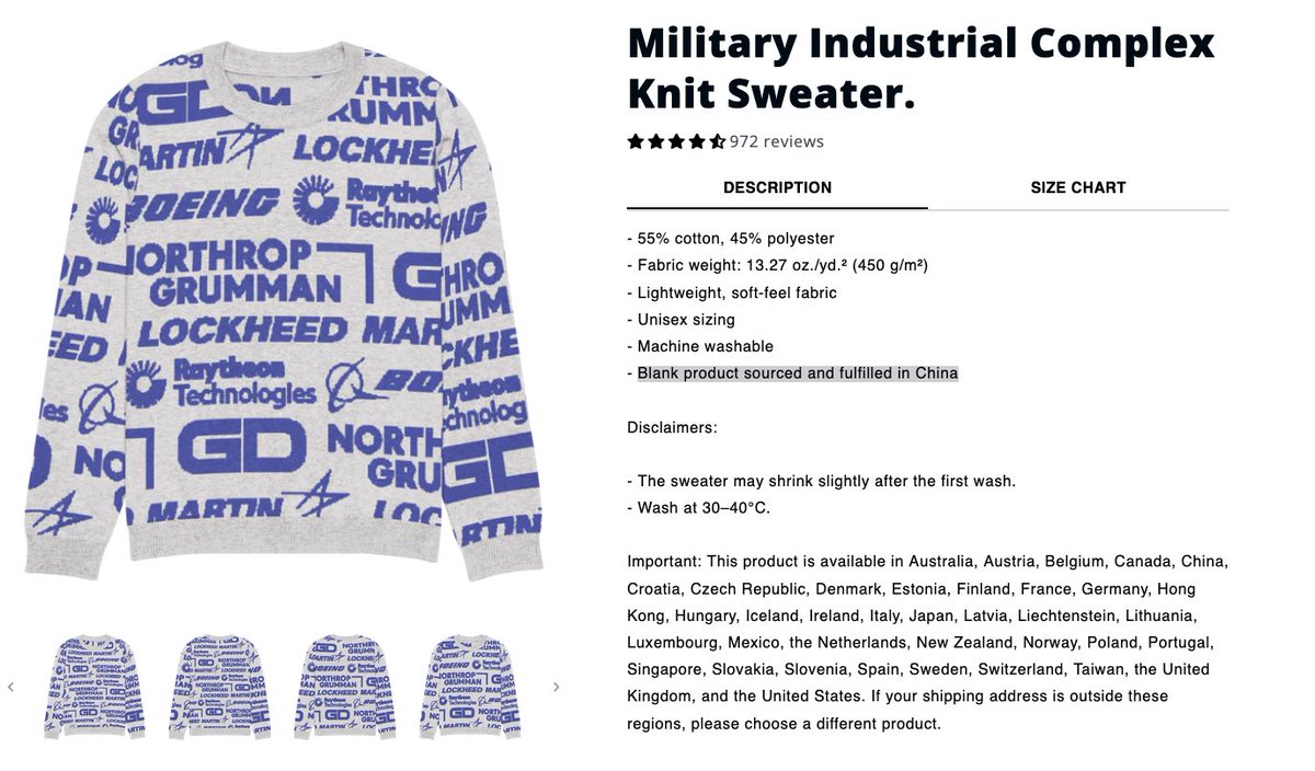 it is possible to order the military industrial complex sweater from China and ship it to Taiwan