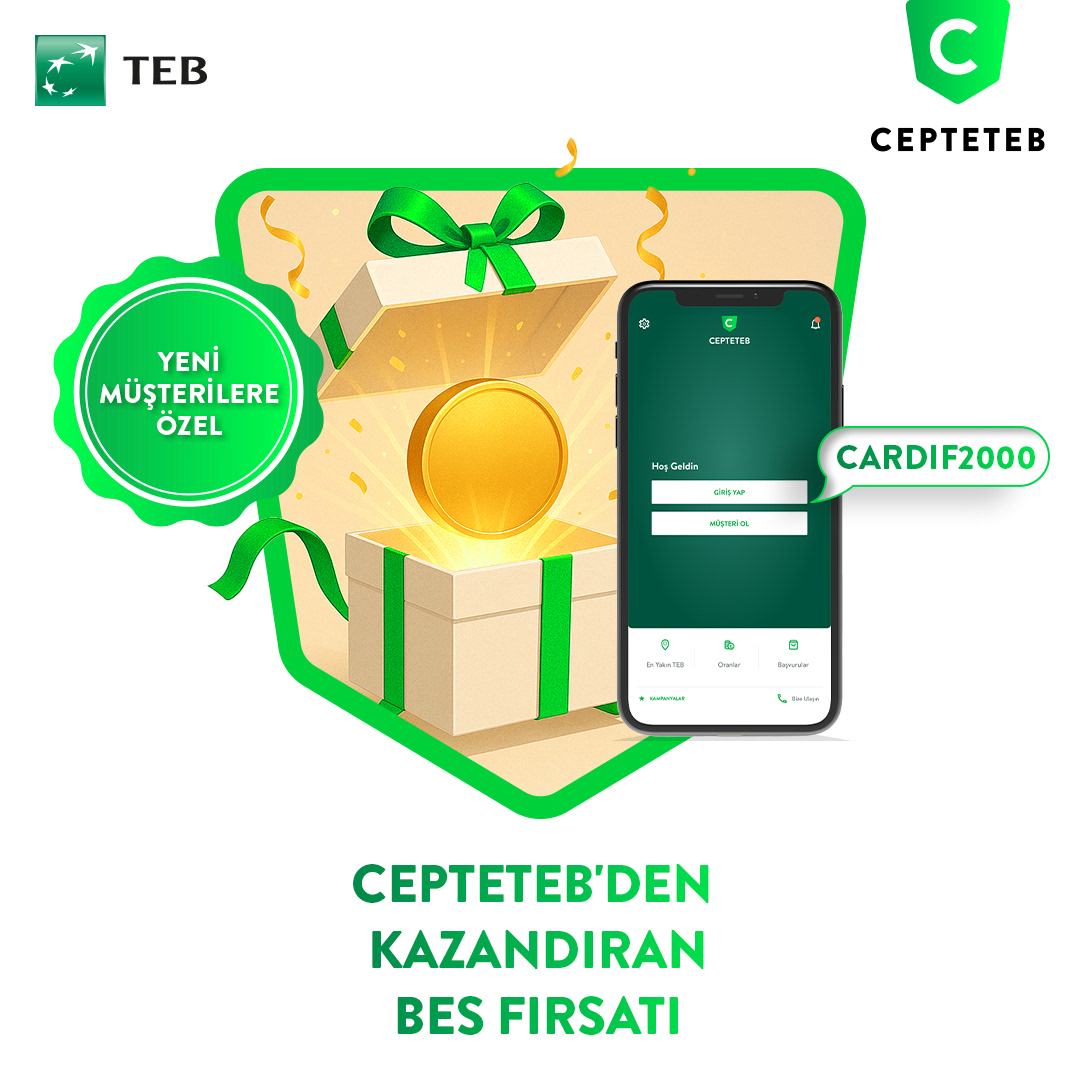 BES ile geleceğini güvence altına al, toplamda 3.000 TL hediye kazan. ✨
 
1-31 Ekim 2025 tarihleri arasında CARDIF2000 davet kodu ile CEPTETEBli olup TEB bireysel kredi kartına başvurarak BES başlat, 2.000 TL bonus ve 1.000 TL Migros hediye çeki kazan. 💚