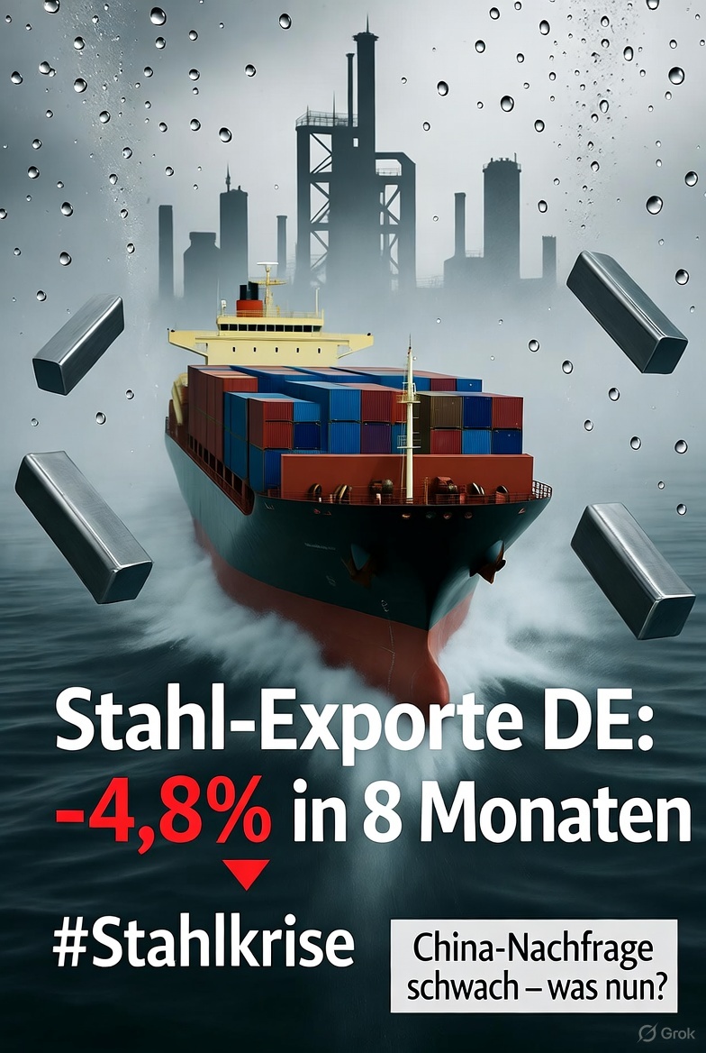 freebirdcapital's tweet image. 🚨 Stahl-Alarm! In den ersten 8 Monaten 2025: DE-Eisen-/Stahlexporte -4,8%! China-Nachfrage schwach, Lieferengpässe beißen hart. Destatis warnt: Branche unter Druck. Wie geht&apos;s weiter? #WirtschaftDE #Stahlkrise #Exporte destatis.de/DE/Presse/Pres…