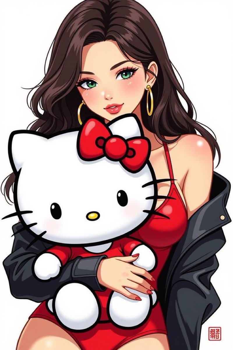 动漫女孩拥抱 Hello Kitty，象征 $KITTY 在日本的吸引力