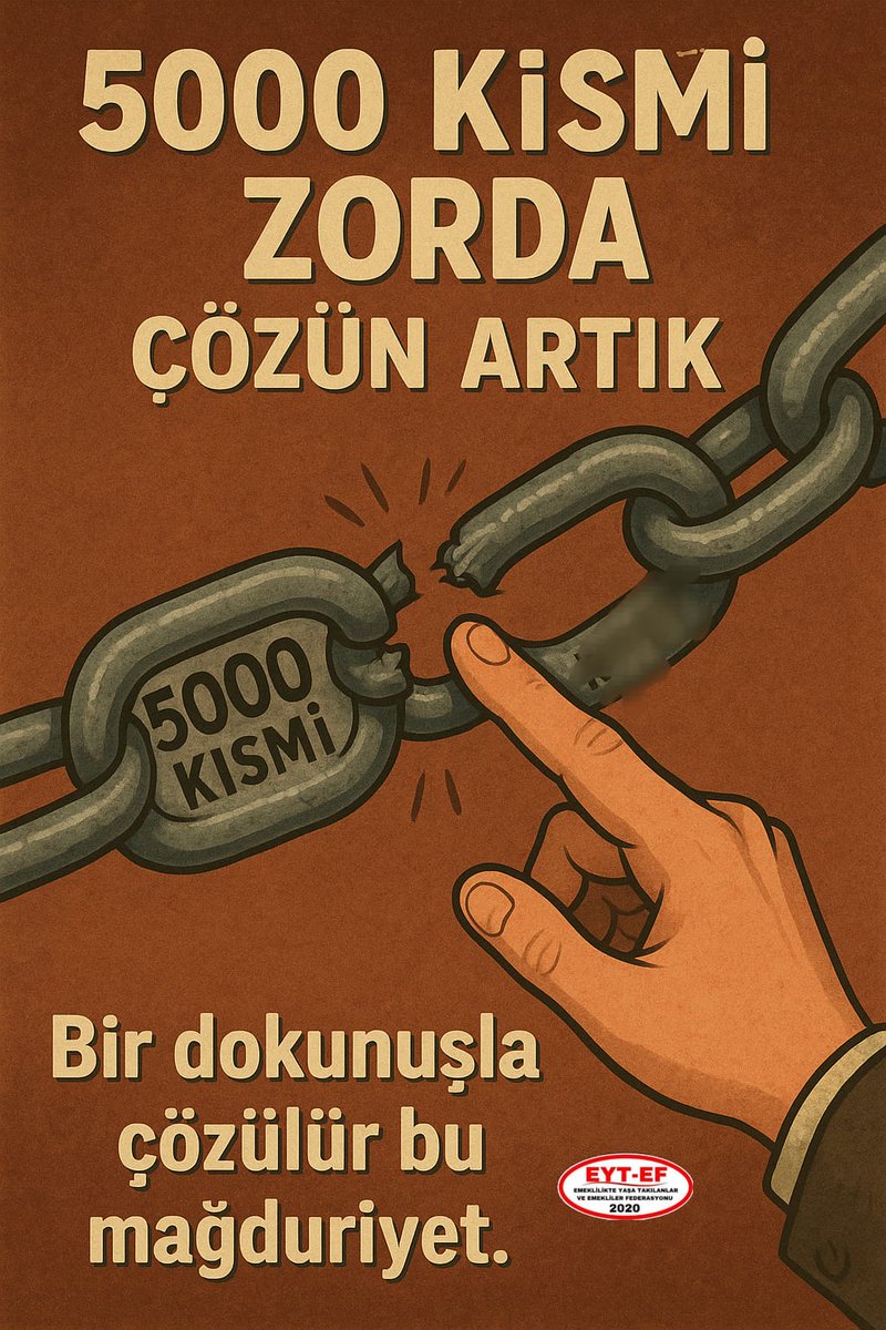 EYT
👇
#5000KısmiZordaçözünArtık

Devletin görevi vatandaşı mağdur etmek değil,
Hakkını teslim etmektir.

Mağduriyetin her günü,
Adalete olan inancı biraz daha zedelemektedir.

5000 ve Kısmi Zorda !
Verilen sözler tutulsun artık !

#EmekliAçUtanınBiraz
<a href="/RTErdogan/">Recep Tayyip Erdoğan</a>
<a href="/isikhanvedat/">Prof. Dr. Vedat Işıkhan</a>