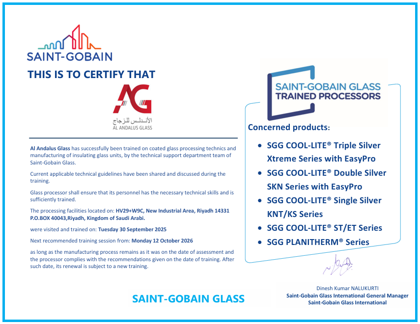 alandalusglass's tweet photo. 🎉 Proud Moment for Al Andalus Glass! 🎉

We’re thrilled to announce that Al Andalus Glass has officially received a new certification from Saint-Gobain for processing Triple Silver glass (SGG COOL-LITE®️ Xtreme Series). https://t.co/r06Tb77KDi