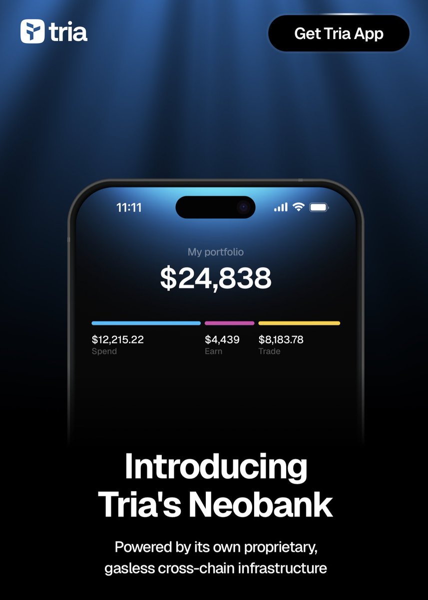 cryptoicebag's tweet photo. Imagine banking without gas fees, seed phrases or chains that you do not understand. 

@useTria gives you a full-stack Infrastructure + Neo-bank combo, so you can earn, spend and move Digital Assets as easily as fiat. 

I believe this a huge leap towards wider #crypto usability.
#tria #DEFİ