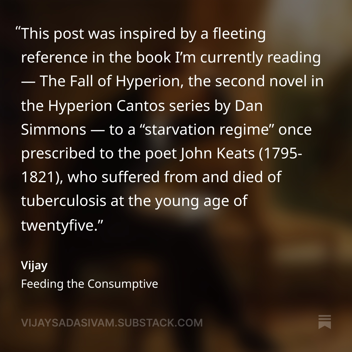 Feeding the Consumptive: How Western Medicine Used Diet to Treat Tuberculosis in the 18th and 19th Centuries.  open.substack.com/pub/vijaysadas…