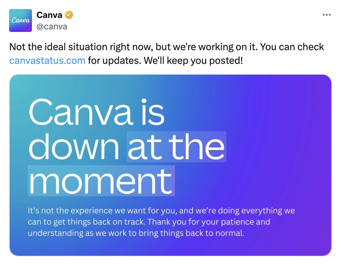 gmanews's tweet image. CANVA DOWN?
LOOK: Online graphic design tool Canva shared on Monday that their users may experience difficulty using their services.
Courtesy: Canva/X