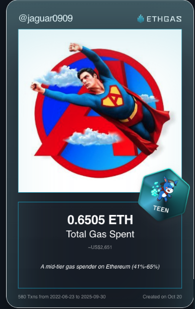 Just unlocked my Gas ID via ETHGas 🪪

I'm a Teen Jack with 0.6505 ETH spent on gas since Beacon Chain - now fueling my climb to the Gasless Future and earned 240 Beans already. 

Reveal yours at ethgas.com/community/gas-…