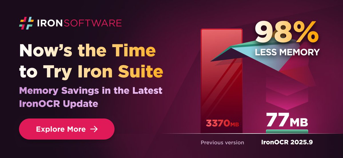 ironsoftwaredev's tweet image. 🚀Our latest release, IronOCR 2025.9, cuts memory usage by 98% when processing image-based documents. That 10-page scan that used to eat up 3,770 MB? Now it&apos;s just 77 MB. 💥

Check out this blog for full breakdown - hubs.ly/Q03P3q-J0 
#OCR #DotNetDev #IronSuite