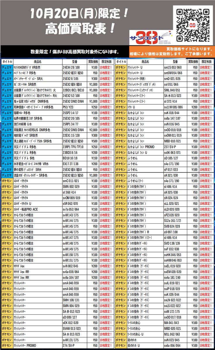 10月20日(月)限定‼ ✨買取価格表✨ 皆様のご来店お待ちしております😊