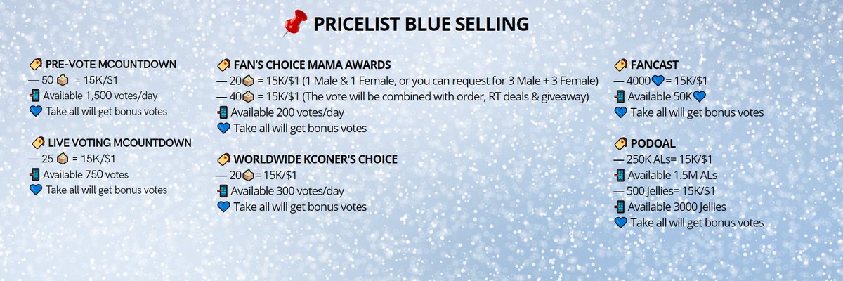 💙 PRICELIST BLUE SELLING💙

📲DM us for more information
📌Take all will get bonus votes

 t. wts jual beli mcd mnet plus mama awards fancast podoal