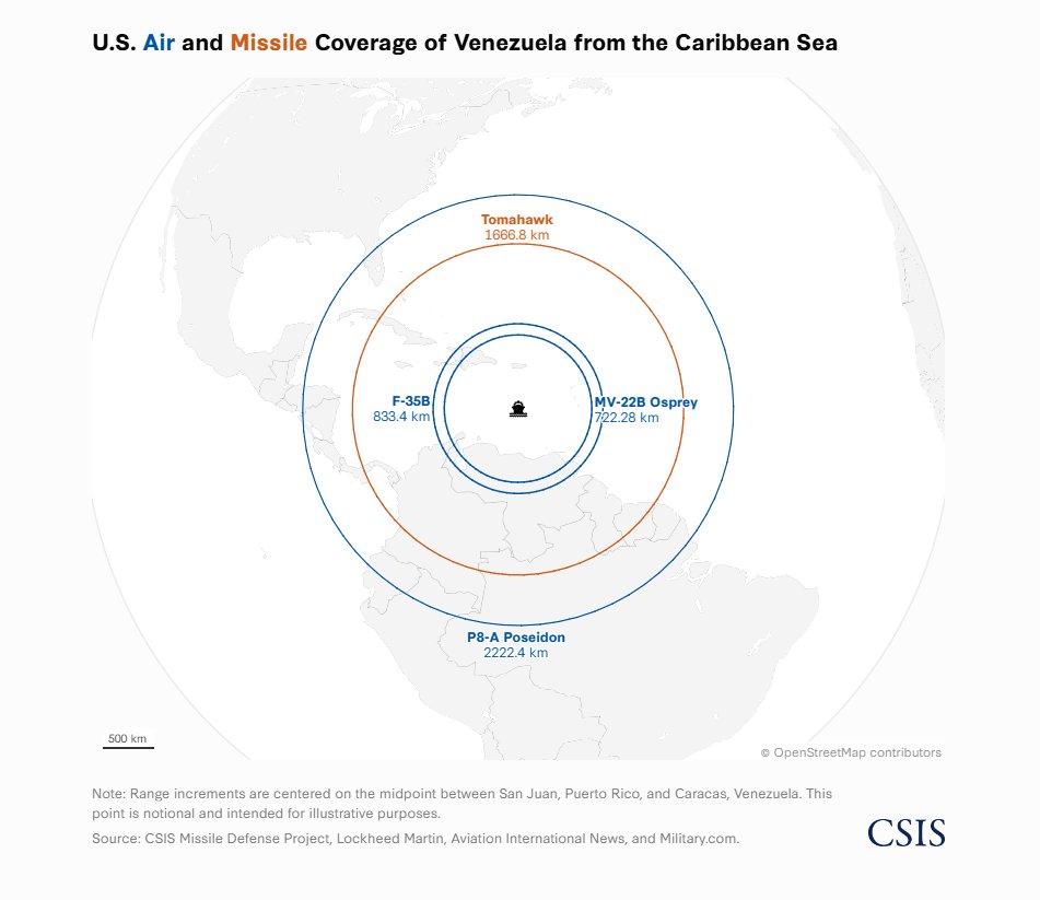 RyanBergPhD's tweet image. #Venezuela: the force posture in the southern Caribbean has generated many great maps. Besides tracking equipment, what is the most important? The range of those pieces of equipment.

In this case, the @NicolasMaduro regime pays very close attention to the range of US #tomahawks.