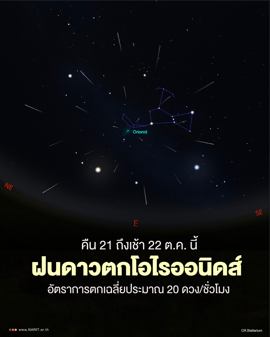 ใกล้เข้ามาแล้ว #ฝนดาวตกโอไรออนิดส์ คำทักทายจากดาวหางฮัลเลย์ของทุกปี ปีนี้แนะนำชมคืนวันที่ 21 ต.ค. 68 หลังเที่ยงคืนเป็นต้นไป ในพื้นที่มืดไม่มีแสงสว่างของตัวเมืองรบกวน