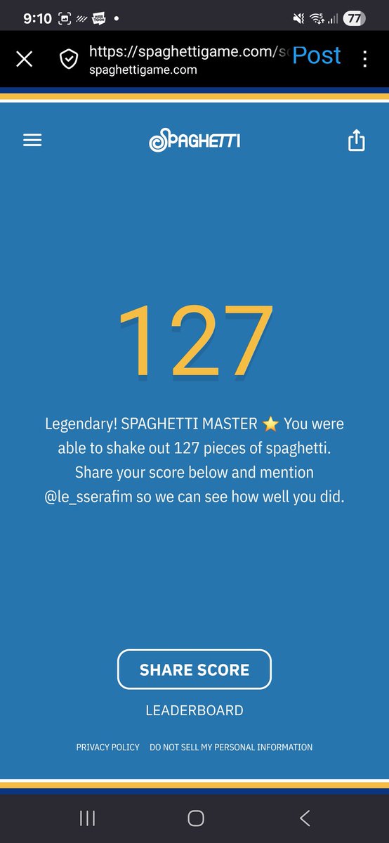 JJfimm's tweet image. #spaghettigame 👑🍝 127 noodles
Legendary! SPAGHETTI MASTER 🌟
spaghettigame.com
Skill issue to the people that got less than 100 😌