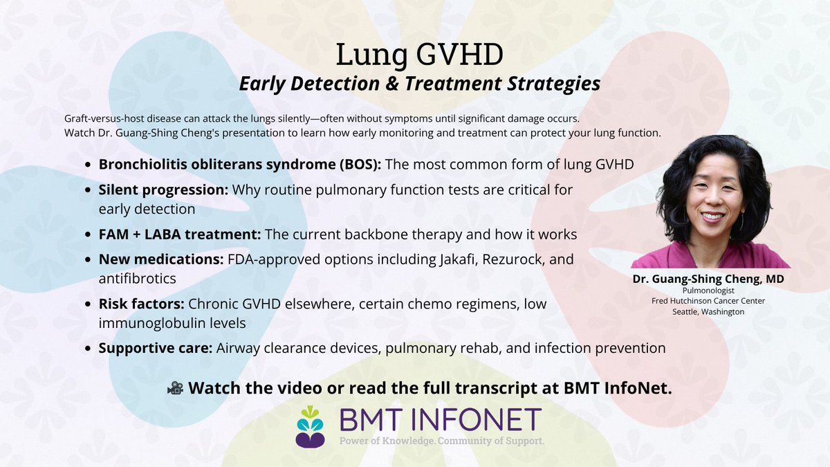 BMTInfoNet's tweet image. New resource on pulmonary GVHD &amp;amp; BOS from Dr. Cheng (@FredHutch)

• 20% of survivors affected
• Early PFT monitoring critical
• FAM+LABA + emerging therapies
• Survival improved 40%→70%

bmtinfonet.org/video/graft-ve…

#BMTInfoNet #GVHD #Transplant