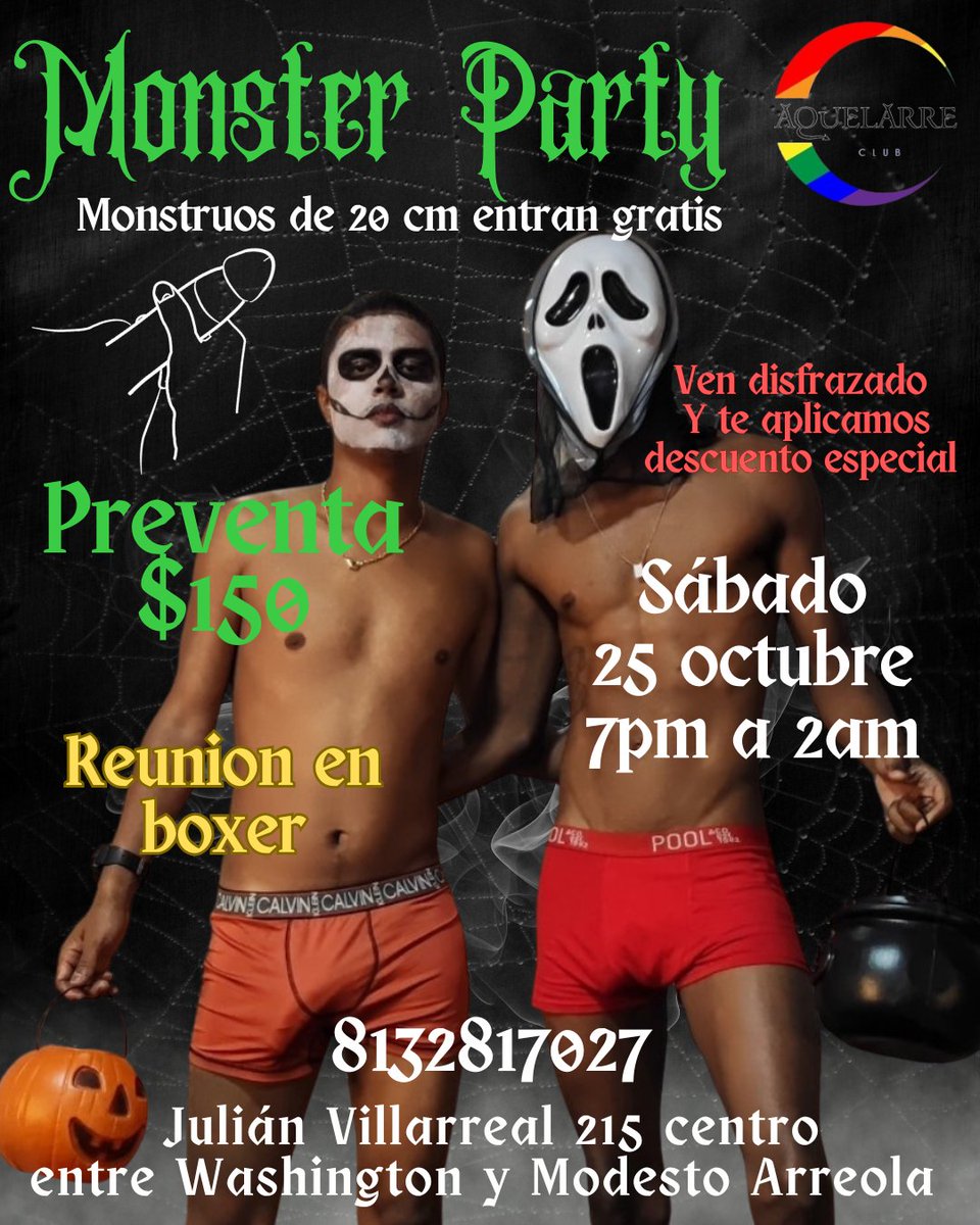 AquelarreMty's tweet photo. MONSTER PARTY 👻

Tercero  y último evento temático de octubre 🎃💀🧛🏻‍♂️🦇🧟‍♂️

SABADO 25 DE OCTUBRE
⌚7PM A 2M

ESTE EVENTO SERA EN BLACKROOM BARBER 💈

📍 Julián Villarreal 215 centro 
Entre modesto arreola y Washington 
https://t.co/asFVKVexg4

REUNION EN BOXER 🥵

💲1️⃣5️⃣0️⃣ PREVENTA 
🧛🏻‍♂️ Descuento especial a quienes asistan disfrazados 

🔵BEBIDA DE CORTESIA 🍷
🔵BOTANA DE CORTESIA 🍟
🔵CONDONES DE CORTESÍA 
🔵MUSICA 🎶

🎫🎟️ PARA PARTICIPAR EN EL SORTEO DE 4️⃣ CORTESIAS GRATIS HAY QUE SEGUIR NUESTRA CUENTA @Aquelarremty Y COMPARTIR ESTA PUBLICACION

LOS GANADORES SERAN ANUNCIADOS UN DIA ANTES DEL EVENTO🎟️ 🎫

GRUPO DE WHATSAPP: 
https://t.co/Pq2wWfH0I1

@ReGio_LanDiaM @ChaKlitosMTY @xxx_nuevo @cruizerMty @Angeldegust22cm @dddamianmendoza @_4MCE @UkemiMty