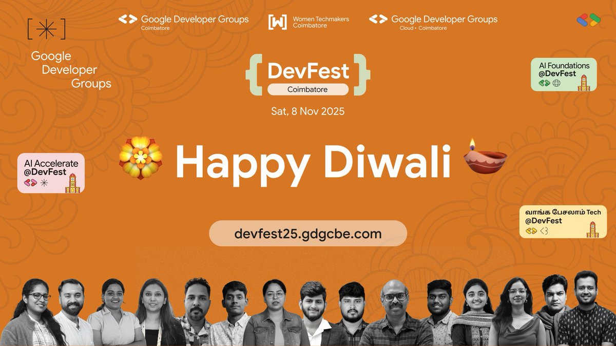 Happy Diwali from all of us at GDG Coimbatore! 🪔✨ May your year be as bright as the festive lights.
Let's keep the sparks of innovation glowing! Join us for #DevFestCoimbatore 2025 on Nov 8 for a deep dive into Human-AI Collaboration.
Celebrate the festival of knowledge with us