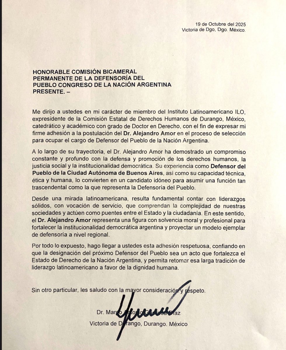 Carta de adhesión a la postulación del Dr Alejandro Amor para ocupar el cargo de Defensor del Pueblo de la Nación Argentina … Es una gran oportunidad retomar la larga tradición del liderazgo latinoamericano de la Nación Argentina a favor de la dignidad humana. <a href="/AlejandroAmorOK/">Alejandro Amor</a>