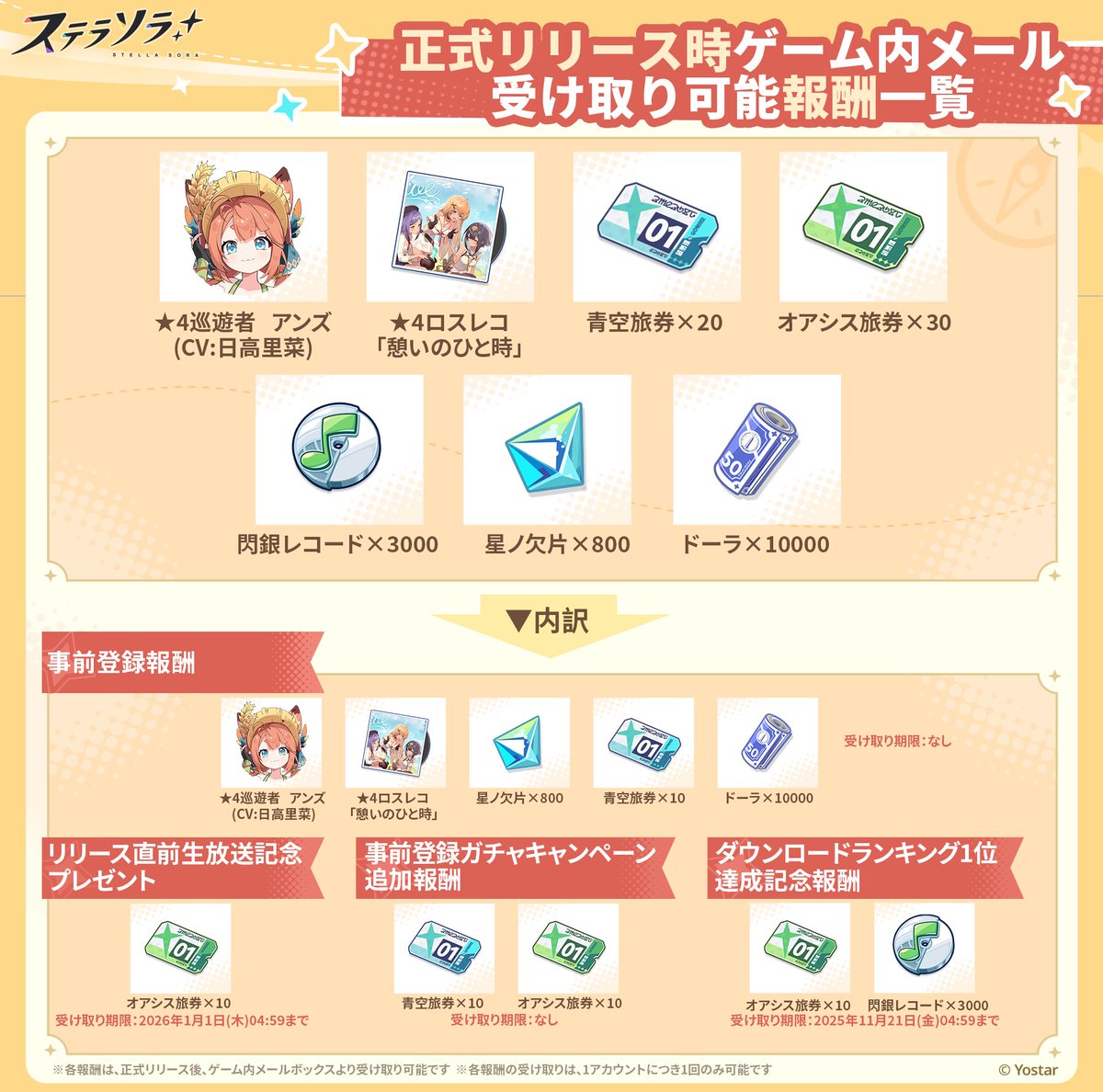 【🎁ゲーム内配布報酬紹介🎁】
『#ステラソラ』本日より正式サービス開始！
ゲーム内で配布されている各種報酬を、魔王さんにご紹介します✨

報酬はゲーム内メールボックスにて受け取り可能です！
※一部のメールには受け取り期限が設定されています